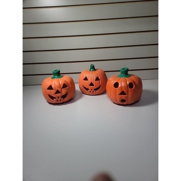3 Halloween Ceramic Pumpkin Jack-o-lantern Tealite Candle Holder Set Lot - Picture 2 of 8